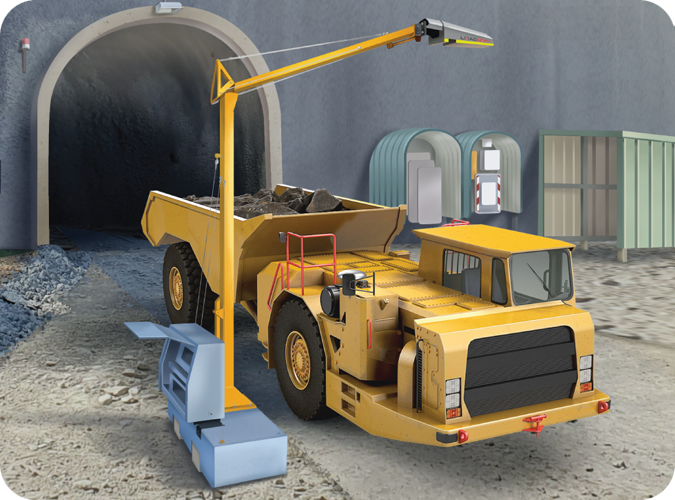 Block mounted Loadscan load volume scanner at mine tunnel