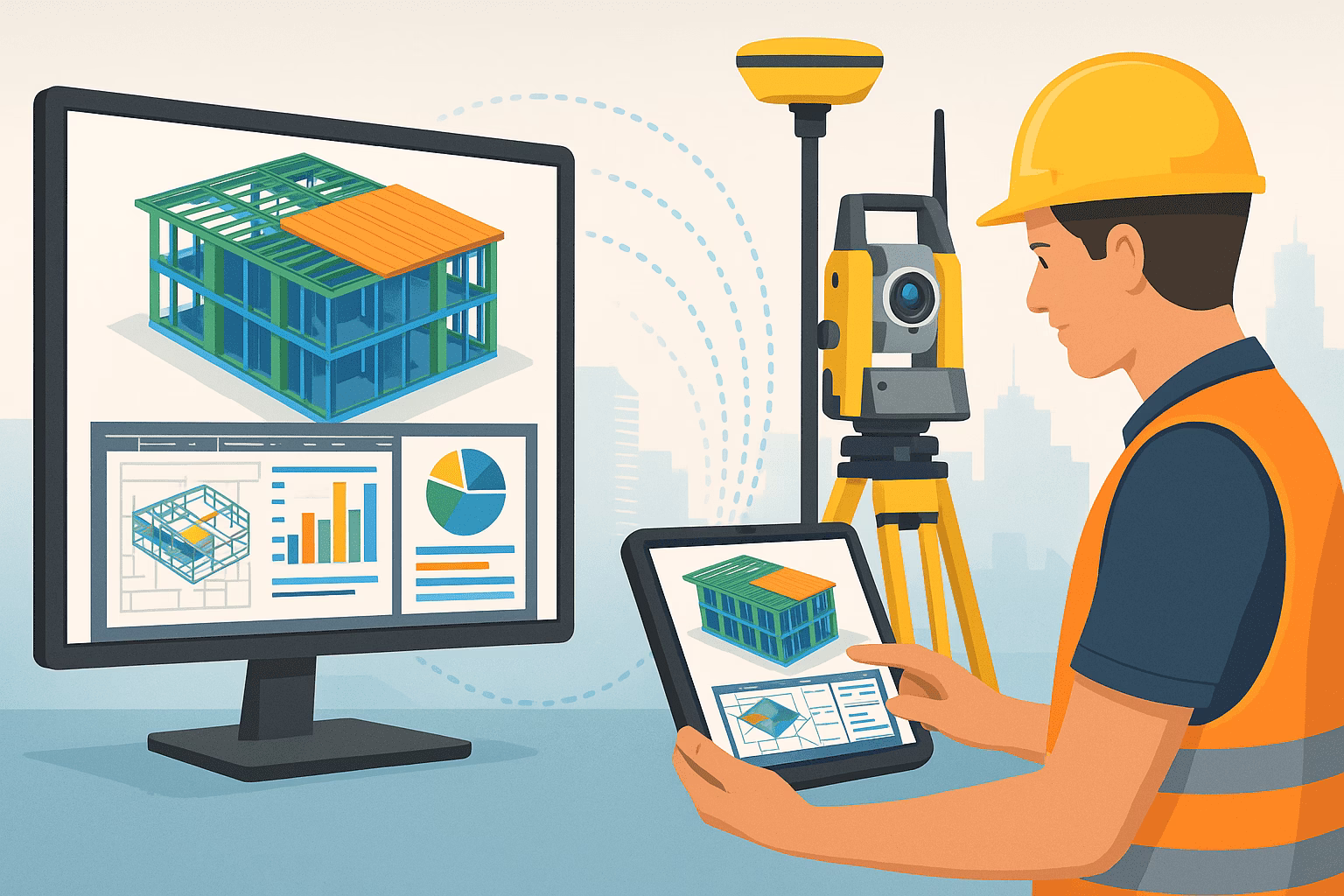 Surveyor using tablet with BIM and field technology to align 3D model data on a construction site, supported by GNSS and total station equipment.