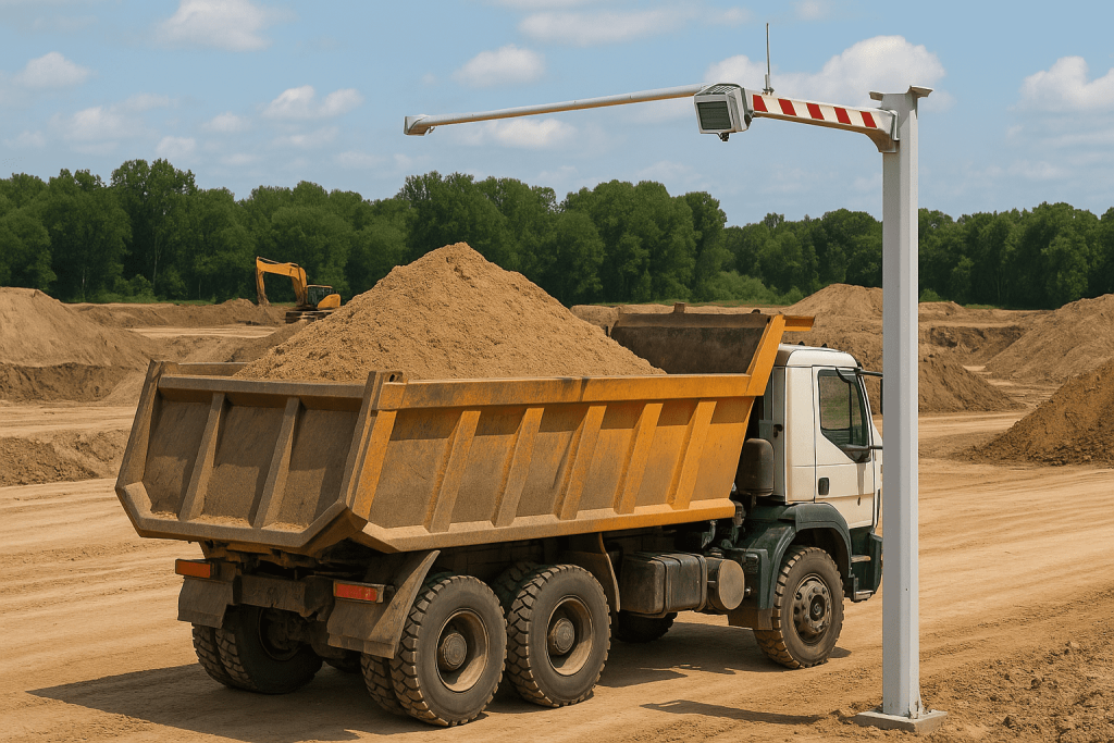 Loadrite fleet insights system monitoring dump truck payload at construction site with overhead sensor.